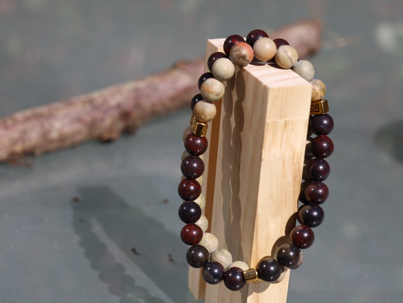 SIC Double row beaded bracelets. Two Row Stone Bracelets. Natural Bloodstone combined with Silver leaf Jasper. hole-body wellness stone