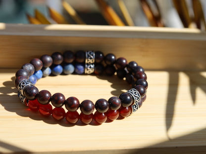 X Double row beaded bracelets. Two Row Stone Bracelets. Natural Bloodstone with Natural Matte Lapis Lazuli, red Agate and Saffron Jasper