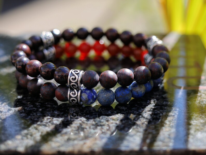 X Double row beaded bracelets. Two Row Stone Bracelets. Natural Bloodstone with Natural Matte Lapis Lazuli, red Agate and Saffron Jasper