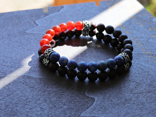 X Double row beaded bracelets. Two Row Stone Bracelets. Natural Bloodstone with Natural Matte Lapis Lazuli, red Agate and Saffron Jasper