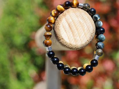FLEX Double row beaded bracelets. Two Row Stone Bracelets. Black agate combined with yellow Tiger eye and grey/ light brown tiger eye.