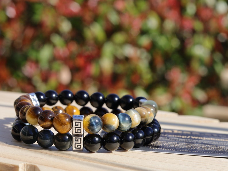 FLEX Double row beaded bracelets. Two Row Stone Bracelets. Black agate combined with yellow Tiger eye and grey/ light brown tiger eye.