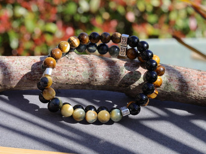 FLEX Double row beaded bracelets. Two Row Stone Bracelets. Black agate combined with yellow Tiger eye and grey/ light brown tiger eye.