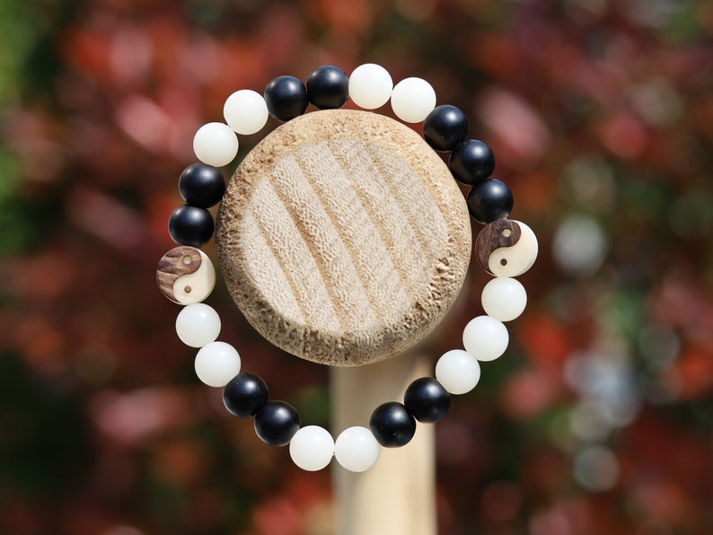 Ethereal White Bodhi Apple Beads bracelet with Carved YinYang, Taiji Bead, Bagua, Zen,Buddha,Yoga Bead. two opposite sides come together