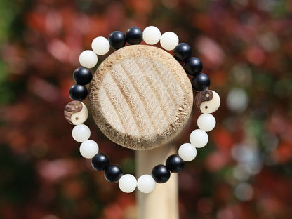 Ethereal White Bodhi Apple Beads bracelet with Carved YinYang, Taiji Bead, Bagua, Zen,Buddha,Yoga Bead. two opposite sides come together