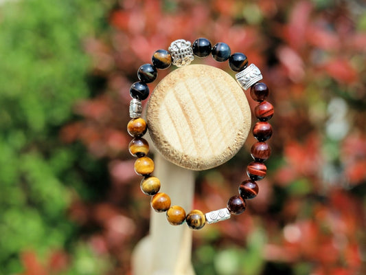 Nice TRI color Tiger eye bracelet with beautiful carved Antique Silver Tone Spacer Beads. ancient Chinese fortune and longevity bat pattern