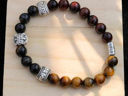 Nice TRI color Tiger eye bracelet with beautiful carved Antique Silver Tone Spacer Beads. ancient Chinese fortune and longevity bat pattern