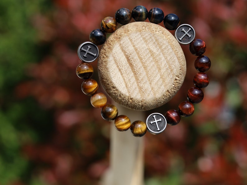 Holy TRI color Tiger eye bracelet with beautiful 304 Stainless Steel Cross. Sacred geometry gemstones and talismans.