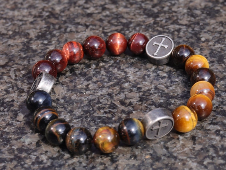 Holy TRI color Tiger eye bracelet with beautiful 304 Stainless Steel Cross. Sacred geometry gemstones and talismans.