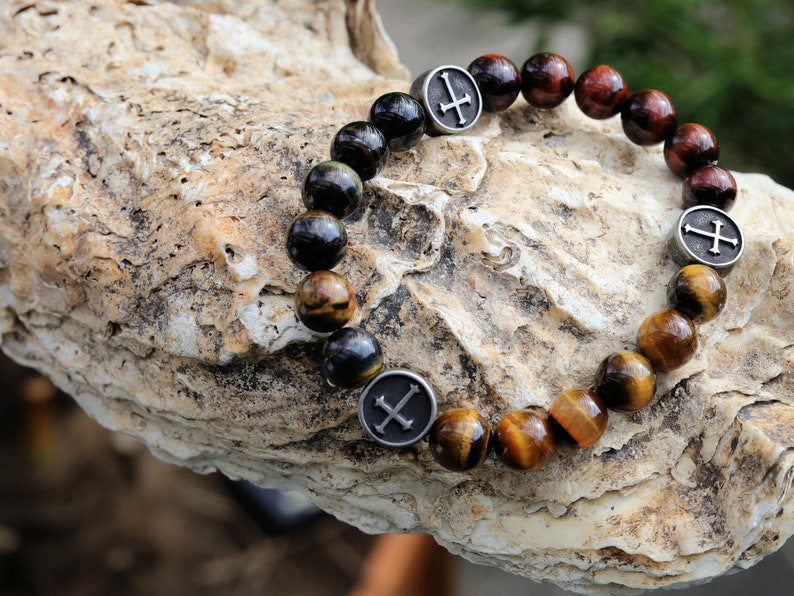 Holy TRI color Tiger eye bracelet with beautiful 304 Stainless Steel Cross. Sacred geometry gemstones and talismans.