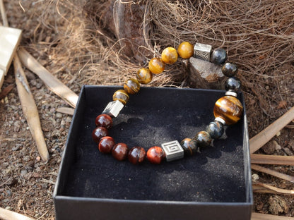 Foxy TRI color Tiger eye bracelet with Antique Silver Tone Spacer Beads Square. Stabilizes mood swings, imbues us with willpower and purpose