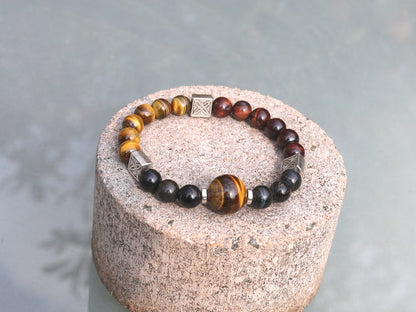 Foxy TRI color Tiger eye bracelet with Antique Silver Tone Spacer Beads Square. Stabilizes mood swings, imbues us with willpower and purpose