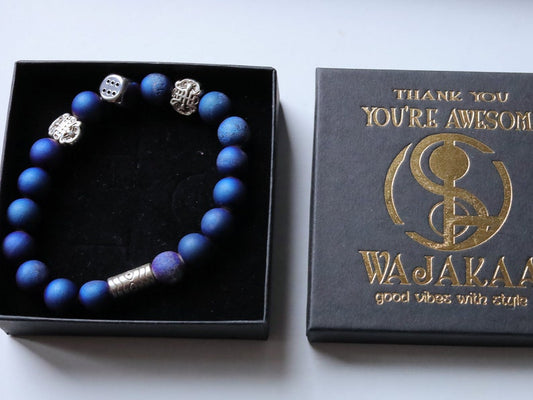 Astonishing Natural Druzy Blue Agate Beads bracelet. With  Stainless Steel Bead and Antique Silver Tone Spacer Bead Round Tube.