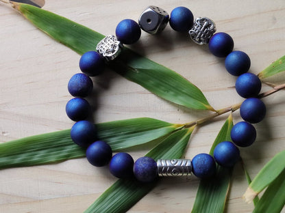 Astonishing Natural Druzy Blue Agate Beads bracelet. With  Stainless Steel Bead and Antique Silver Tone Spacer Bead Round Tube.