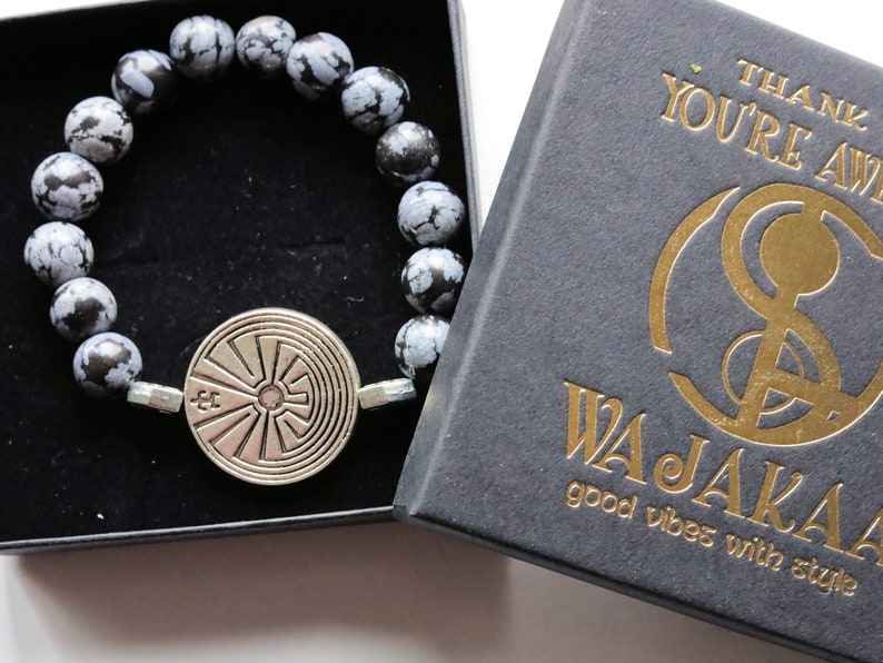 Astonishing Snowflake Obsidian bracelet and Handmade Antique Silver Tone Spacer Bead. High Quality Elastic Beading Line Cord