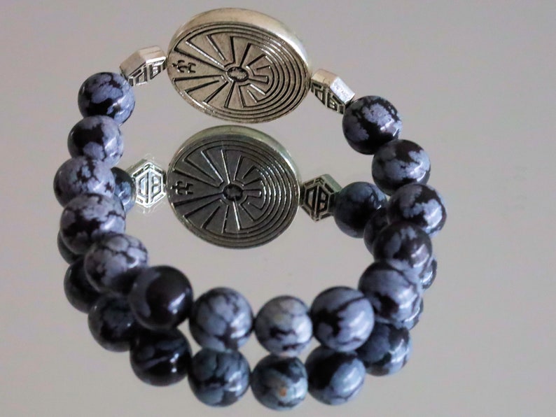 Astonishing Snowflake Obsidian bracelet and Handmade Antique Silver Tone Spacer Bead. High Quality Elastic Beading Line Cord
