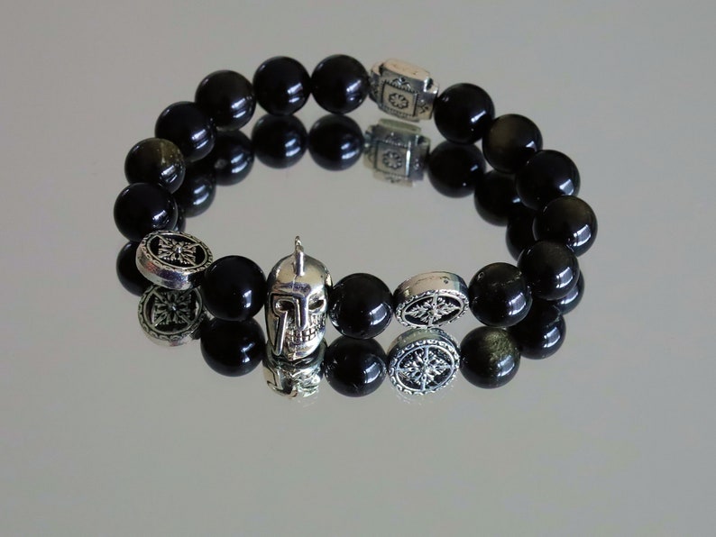 bLACKLINE SERIES Rainbow Obsidian Bracelet combined with warrior knight skull.  Brings hope, illumination, and energy