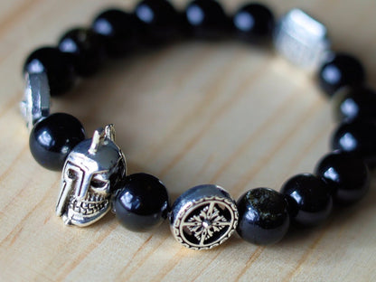 bLACKLINE SERIES Rainbow Obsidian Bracelet combined with warrior knight skull.  Brings hope, illumination, and energy