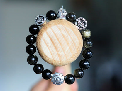 bLACKLINE SERIES Rainbow Obsidian Bracelet combined with warrior knight skull.  Brings hope, illumination, and energy