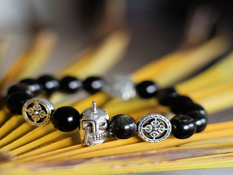 bLACKLINE SERIES Rainbow Obsidian Bracelet combined with warrior knight skull.  Brings hope, illumination, and energy