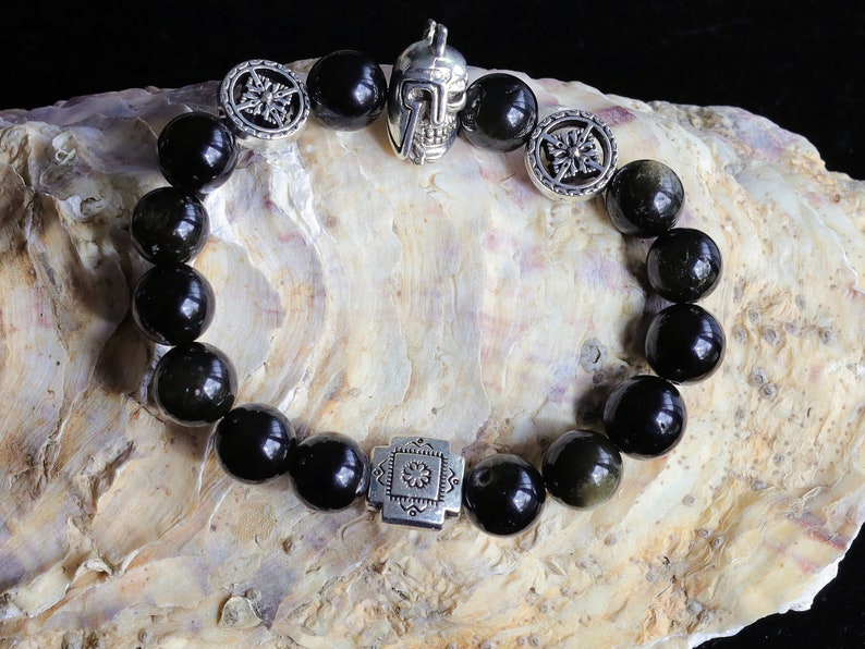 bLACKLINE SERIES Rainbow Obsidian Bracelet combined with warrior knight skull.  Brings hope, illumination, and energy