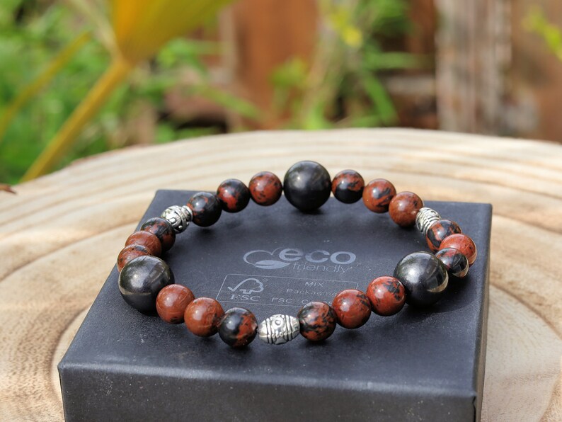 Surprising Natural Mahogany Obsidian bracelet with 3 Big beaded Shungite beads. Inspire you to remove your negative habits.
