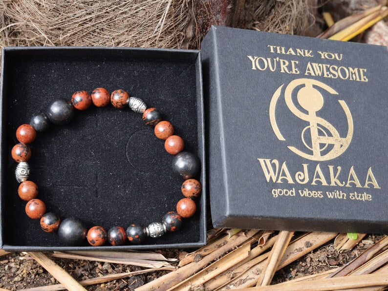 Surprising Natural Mahogany Obsidian bracelet with 3 Big beaded Shungite beads. Inspire you to remove your negative habits.