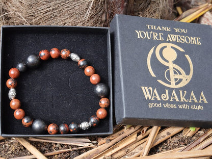 Surprising Natural Mahogany Obsidian bracelet with 3 Big beaded Shungite beads. Inspire you to remove your negative habits.