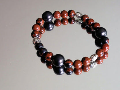 Surprising Natural Mahogany Obsidian bracelet with 3 Big beaded Shungite beads. Inspire you to remove your negative habits.