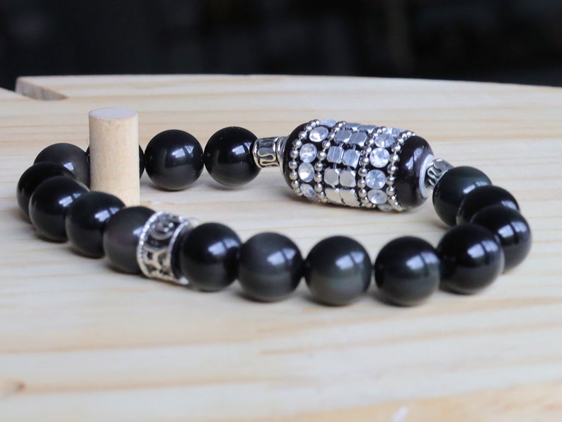 bLACKLINE SERIES Rainbow Obsidian Bracelet combined with Handmade Indonesia Bead, with Iron Chains, Rhinestone and Brass Findings