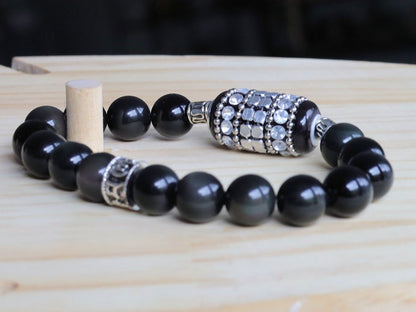 bLACKLINE SERIES Rainbow Obsidian Bracelet combined with Handmade Indonesia Bead, with Iron Chains, Rhinestone and Brass Findings