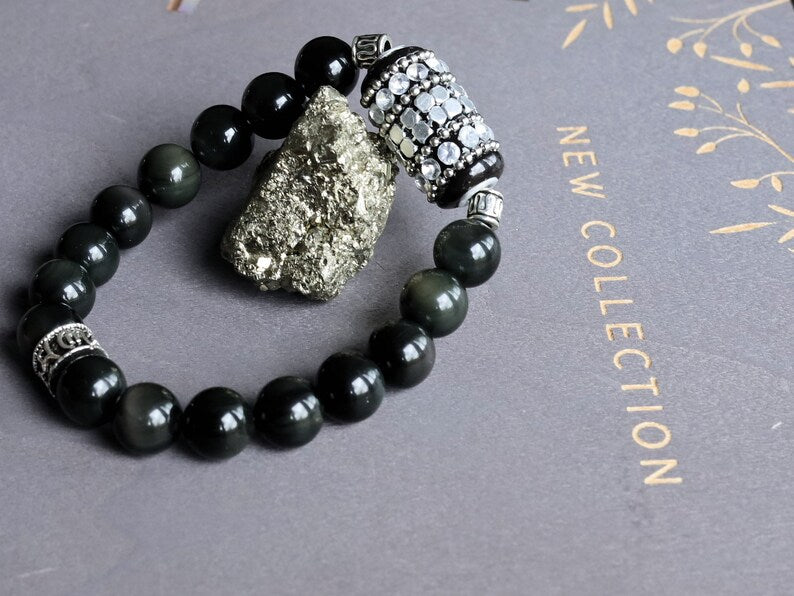 bLACKLINE SERIES Rainbow Obsidian Bracelet combined with Handmade Indonesia Bead, with Iron Chains, Rhinestone and Brass Findings