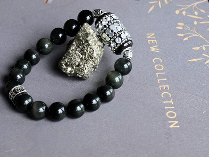bLACKLINE SERIES Rainbow Obsidian Bracelet combined with Handmade Indonesia Bead, with Iron Chains, Rhinestone and Brass Findings