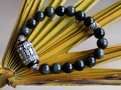 bLACKLINE SERIES Rainbow Obsidian Bracelet combined with Handmade Indonesia Bead, with Iron Chains, Rhinestone and Brass Findings