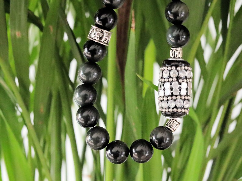 bLACKLINE SERIES Rainbow Obsidian Bracelet combined with Handmade Indonesia Bead, with Iron Chains, Rhinestone and Brass Findings
