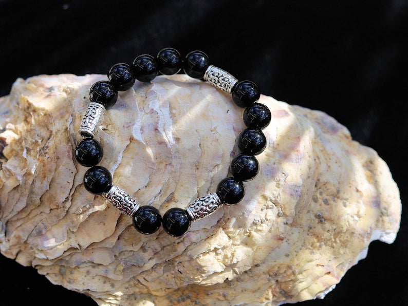 bLACKLINE SERIES Black Agate combined with 4 Antique Silver Tone Spacer Beads Tubes. High Quality Elastic Beading Line Cord