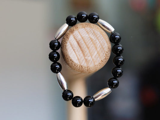 bLACKLINE SERIES Black Agate and 4x tube beads, made of high quality antique silver alloy, durable and sturdy, full of mysterious feeling