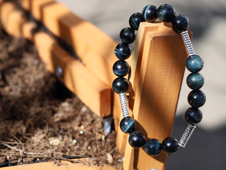 bLACKLINE SERIES Black Blue Green Tiger's Eye Bracelet 10mm Very Dark Black And Blue Tiger's Eye Beaded Gemstone Bracelet Jewelry