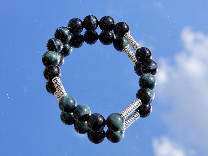 bLACKLINE SERIES Black Blue Green Tiger's Eye Bracelet 10mm Very Dark Black And Blue Tiger's Eye Beaded Gemstone Bracelet Jewelry