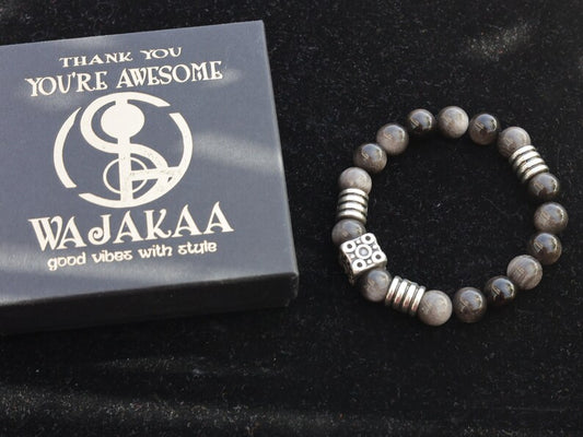 Magnificent semi Precious Stone Smooth Silver Sheen Obsidian Gemstone Beads bracelet. Combined with beautiful cube Bead.