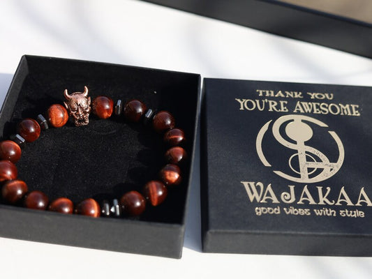 Enticing RED Tiger's Eye crystal combined with Devil Style Alloy Bead. Red Tiger Eye, or Dragon’s Eye, is Tiger Eye with red shades and hues