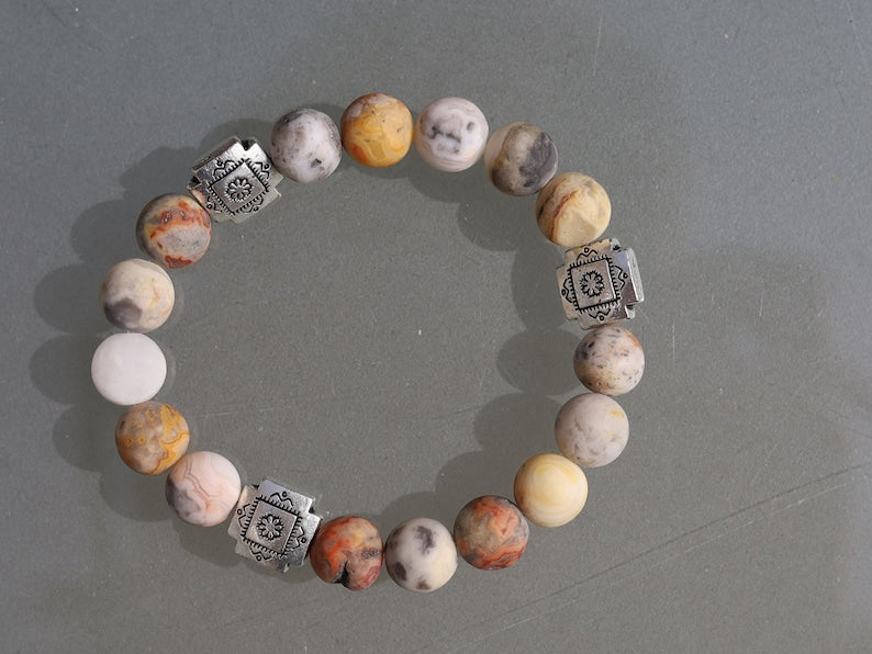 Singular Frosted Semi Precious Genuine Natural Matte Picture Jasper Dull Gemstone Beads bracelet. handmade symbolic jewelry