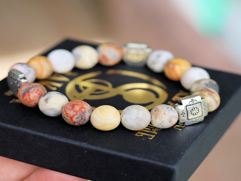Singular Frosted Semi Precious Genuine Natural Matte Picture Jasper Dull Gemstone Beads bracelet. handmade symbolic jewelry