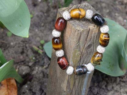 Bodhi Tri color Tiger Eye Stone Drum Bucket Beads bracelet with Well-formed Natural Starmoon Bodhi Barrel Beads. Super trendy for him & her