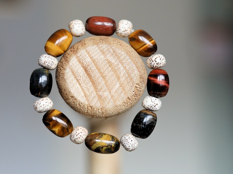 Bodhi Tri color Tiger Eye Stone Drum Bucket Beads bracelet with Well-formed Natural Starmoon Bodhi Barrel Beads. Super trendy for him & her