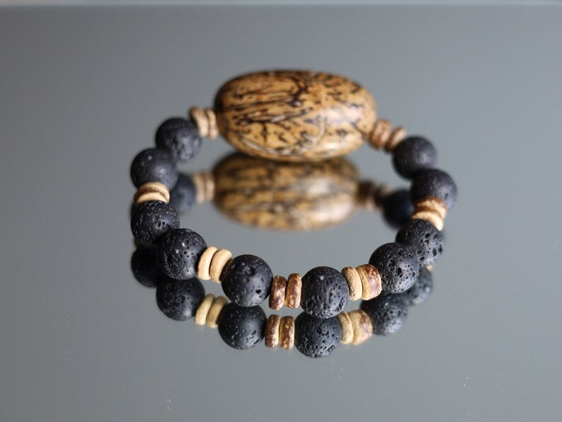 Special big  Lava stones bracelet with beautiful and very large bead: Tropical Seed/Kernel. Buddha Tree Seeds Bead.