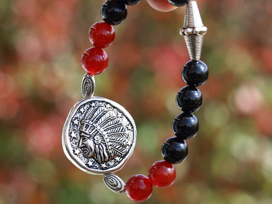 Top beautiful large & detailed Metal-look bead of a Native American Chief bracelet. Combined with Red/ black Agate beads.