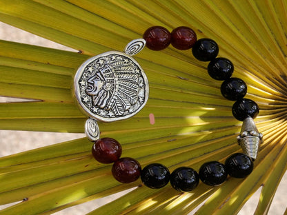 Top beautiful large & detailed Metal-look bead of a Native American Chief bracelet. Combined with Red/ black Agate beads.