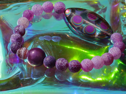 Summer of Love Jewel Collection - Top Purple Frosted Fire Crackle Agate bracelet with 3D and rousing psychedelic circle decoration.