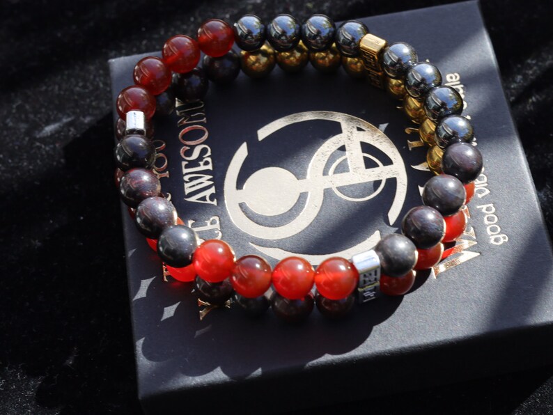 Cool Double row beaded bracelets. Two Row Stone Bracelets. Natural Bloodstone, Gold Hematite, Silver Hematite, Red Agate.